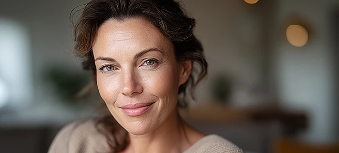 középkorú nő portréja természetes bőrrel – menopauza és változókor időszakát illusztráló kép