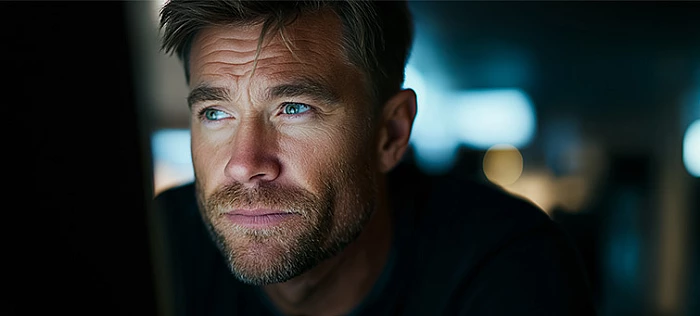 Férfi számítógép előtt esti fényben – a digitális szemterhelés és a központi látás folyamatos terhelése