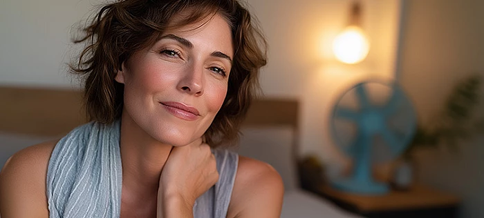 középkorú nő otthoni környezetben – anyagcsere változókorban  illusztráció