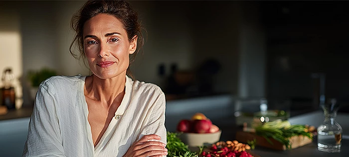 menopauza és változókor tünetei – középkorú nő otthoni környezetben