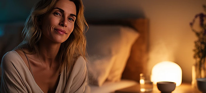 Esti nyugalom a hálószobában – az ellazulás és a nyugodt alvás előkészítésének pillanata.