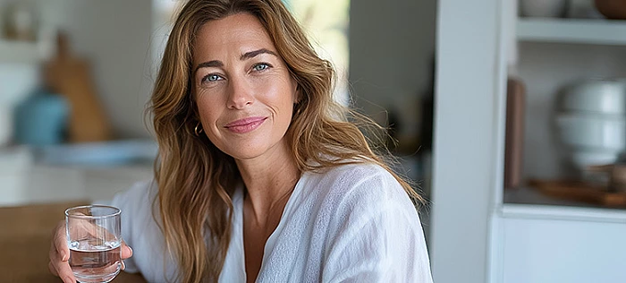 Egészségtudatos nő pohár vízzel – bélflóra egyensúlya és emésztési komfort támogatása