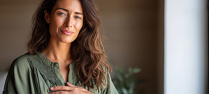 Nő nyugodt arckifejezéssel – emésztési komfort és bélrendszer egyensúlyának támogatása