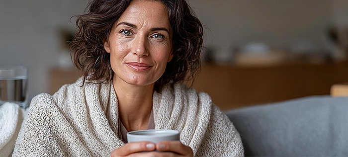 Mosolygó nő teával a kezében – a húgyutak egészségének támogatása és a felfázás megelőzése a mindennapokban