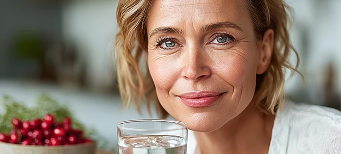 Nő pohár vízzel és tőzegáfonyával – tudatos életmód a húgyutak egészségéért