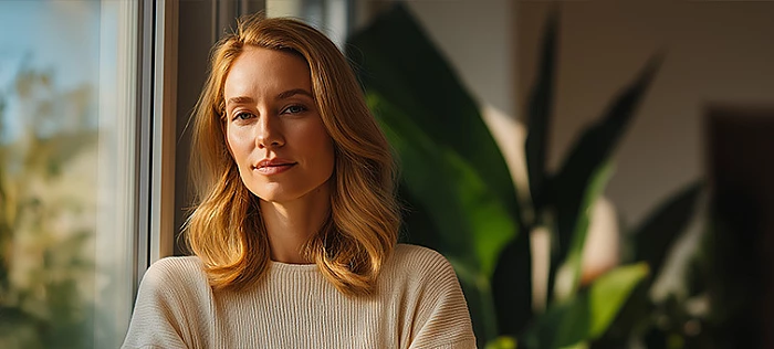 Természetes fényben ülő nő – kiegyensúlyozott életmód és immunrendszer támogatása