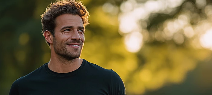 Magabiztos férfi természetes környezetben – férfi vitalitás és energia