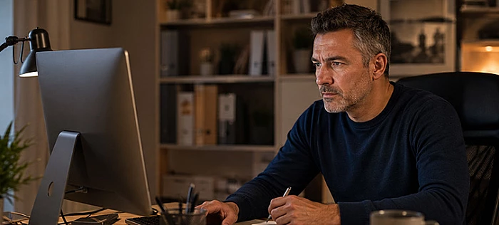 Koncentrált férfi számítógép előtt esti fényekben – stabil energia, mentális fókusz és férfi vitalitás a mindennapokban I NexuTrion étrend-kiegészítő | a férfi vitalitás hormonmentes támogatása | Lab118