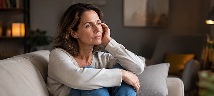 nő elgondolkodva menopauza idején, érzelmi változások és belső egyensúly keresése I MenoVerdis | menopauza idején komplex, hormonmentes támogatás | Lab118