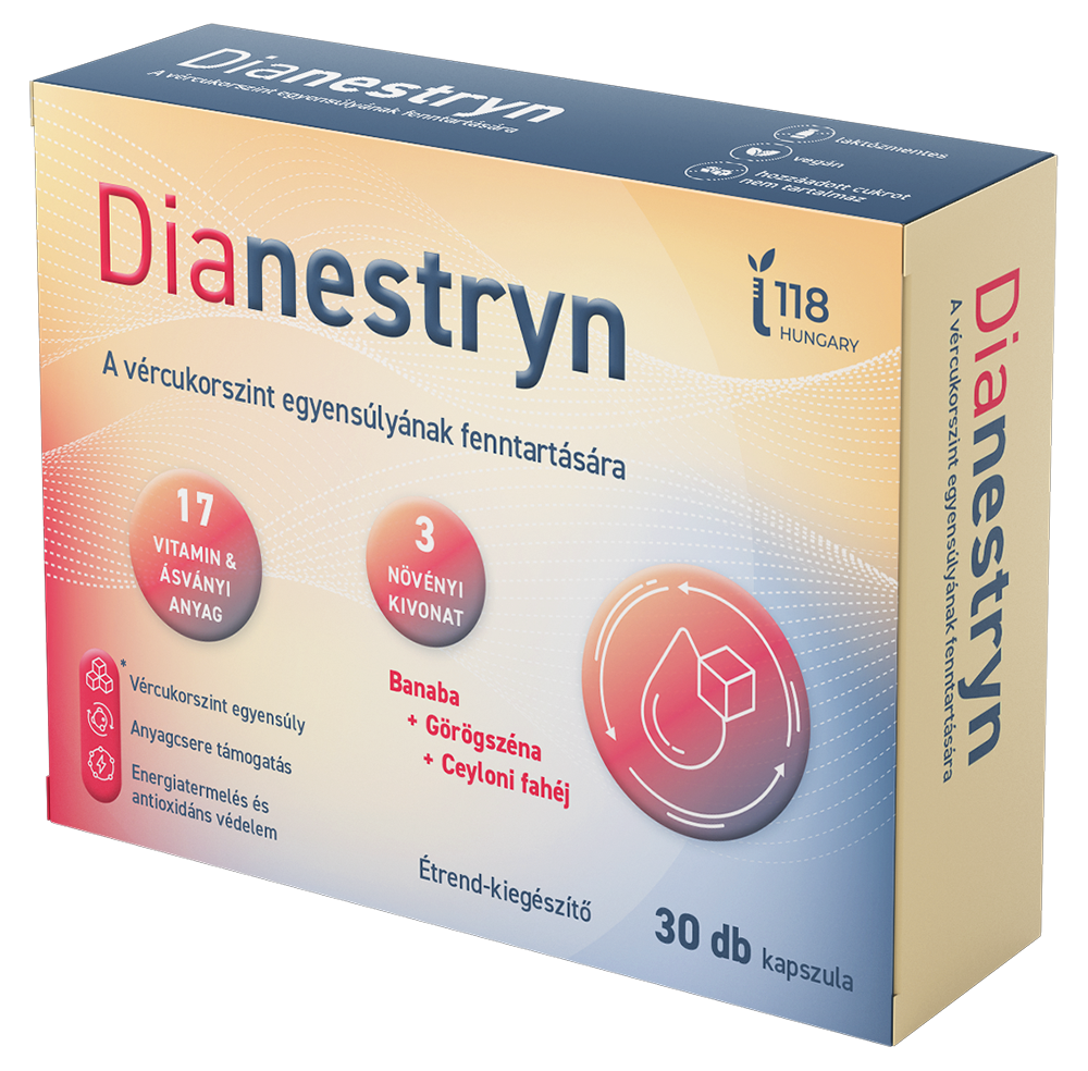 Dianestryn étrend-kiegészítő kapszula doboza – krómot, cinket és B-vitaminokat tartalmaz a normál vércukorszint és a szénhidrát-anyagcsere támogatására (30 db)