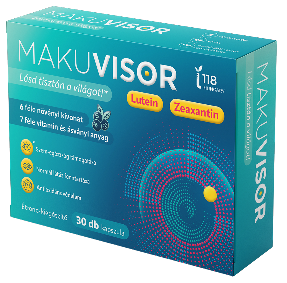 MakuVisor étrend-kiegészítő kapszula doboza – luteinnel, zeaxantinnal, A- és B2-vitaminnal, valamint cinkkel a normál látás fenntartására és a szem egészségének támogatására (30 db)
