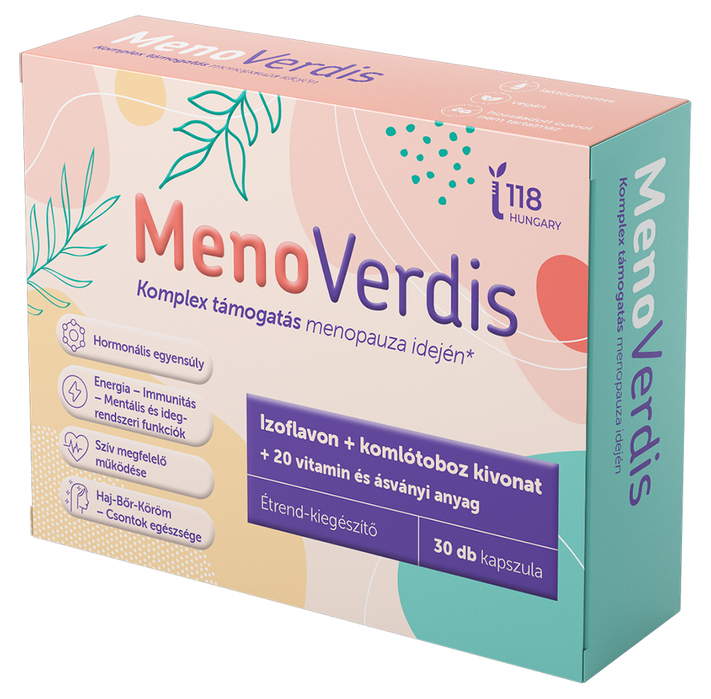 MenoVerdis étrend-kiegészítő kapszula doboza – B6-, B1-, B3-, C- és D-vitaminnal a menopauza időszakában a hormonális aktivitás, az idegrendszer és az immunrendszer támogatására (30 db)