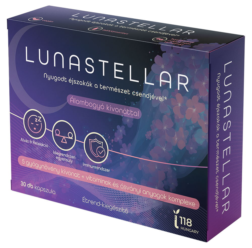 Lunastellar - Álom étrend-kiegészítő kapszula doboza – citromfű és valeriána kivonattal az alvás és az idegrendszer normál működésének támogatására (30 db)