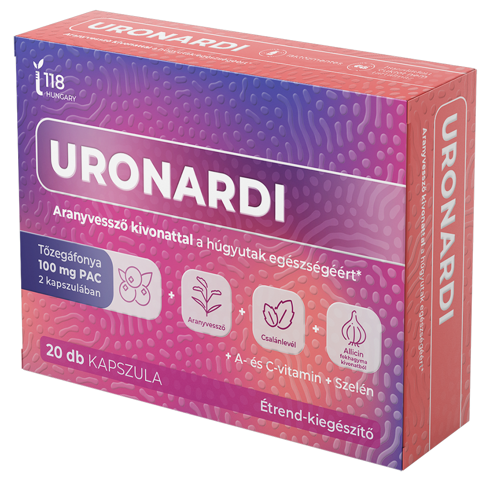 Uronardi étrend-kiegészítő kapszula doboza, egyedülálló formula a húgyutak egészségének fenntartására