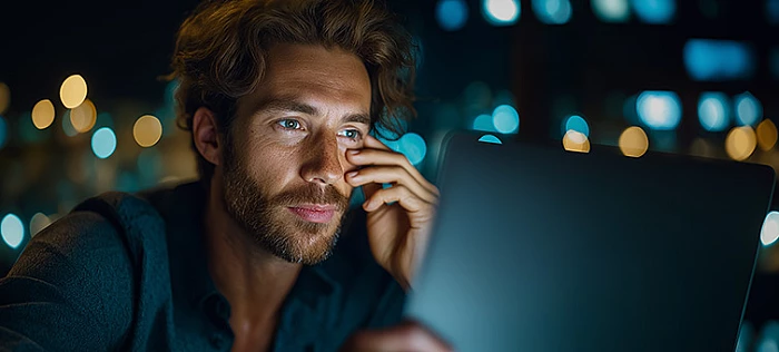 Laptop előtt dolgozó férfi esti fényben – a retina és a makula terhelése hosszan tartó képernyőhasználat során